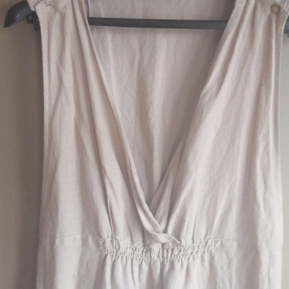 Zara long jumpsuit/overalls, linen/cotton blend, v-neck, wide leg, sz m